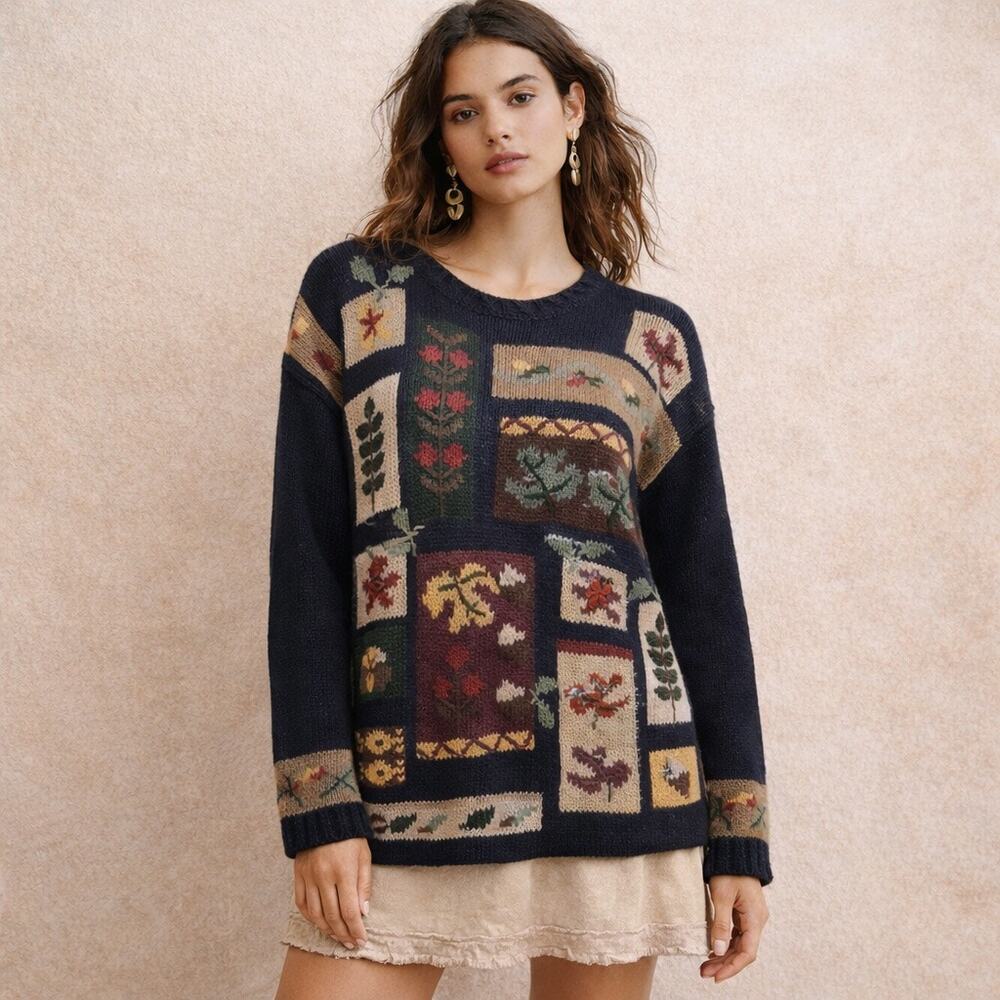 Vintage Floral Novelty Knit Floral Navy Oversized Sweater M